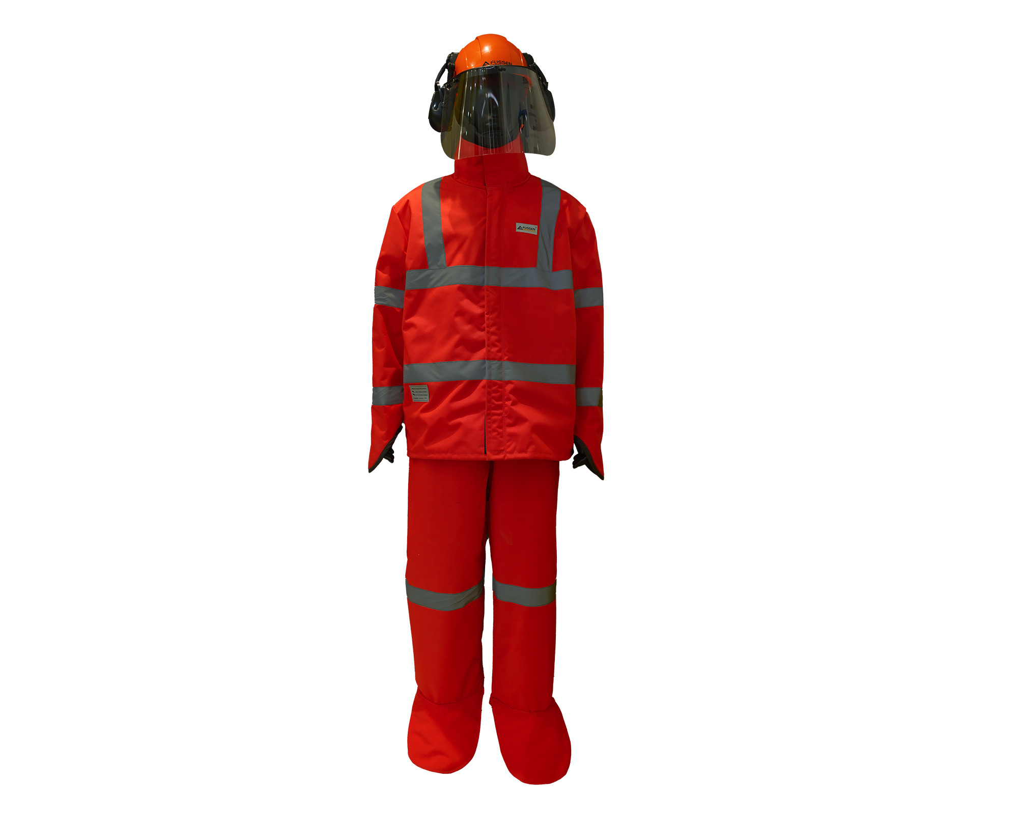 High-visibility red protective suit with reflective stripes, helmet and face shield, suitable for 500–1000 bar high-pressure operations.